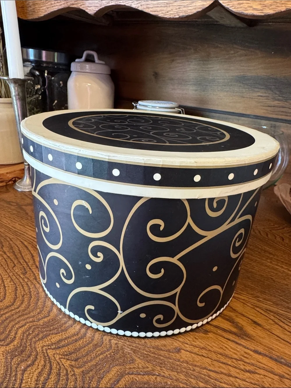 Revelations Elegance Decorative Black and Cream Swirl Vintage Storage Hat Box